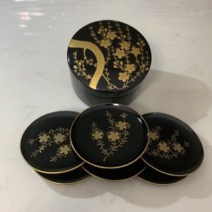 Asian Vintage 8 Piece Black/Gold Lacquer Coaster Set